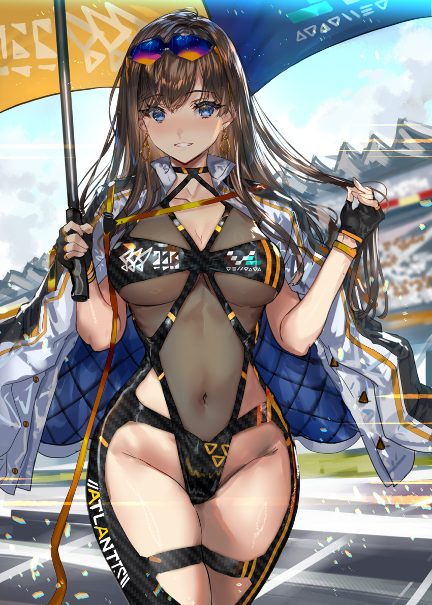 1girl black_gloves bodysuit breasts brown_hair collarbone covered_navel cowboy_shot eyewear_on_head fingerless_gloves gloves highres holding holding_umbrella jacket large_breasts leotard long_hair looking_at_viewer open_clothes open_jacket original parasol parted_lips race_queen ran'ou_(tamago_no_kimi) see-through see-through_leotard skin_tight smile solo sunglasses teeth umbrella white_jacket