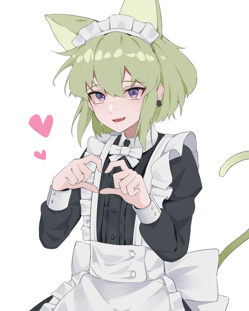 1boy absurdres alternate_costume animal_ears apron axescr back_bow black_dress bow bowtie cat_boy cat_ears cat_tail crossdressing crying crying_with_eyes_open dress earrings english_commentary fang green_hair heart heart_hands highres jewelry lio_fotia long_sleeves looking_at_viewer maid maid_apron maid_headdress male_focus open_mouth otoko_no_ko promare purple_eyes short_hair simple_background skin_fang solo standing tail tears white_background white_bow white_bowtie