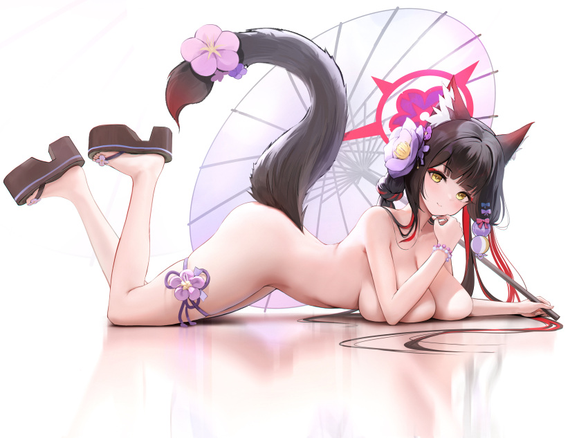 1girl absurdres animal_ear_fluff animal_ears bead_bracelet beads black_hair blue_archive blush bracelet breasts flower fox_ears fox_girl fox_tail hair_flower hair_ornament halo highres jewelry large_breasts looking_at_viewer lying malon_(chuan2700) multicolored_hair nude oil-paper_umbrella simple_background solo tail tail_flower tail_ornament thigh_strap two-tone_hair umbrella wakamo_(blue_archive) wakamo_(swimsuit)_(blue_archive) yellow_eyes