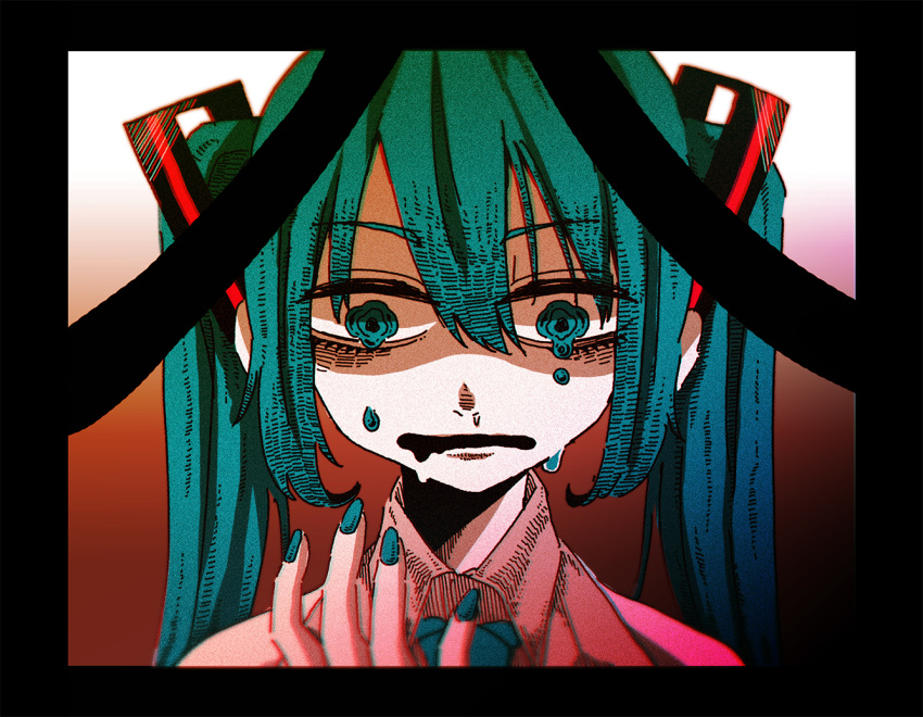 1girl aqua_eyes aqua_hair aqua_nails aqua_necktie black_background black_border border collared_shirt commentary_request crying crying_with_eyes_open dokumitsu_akaringo dripping_eye empty_eyes gradient_background hand_up hatsune_miku iei looking_down necktie portrait red_background ringed_eyes shaded_face shirt sleeveless sleeveless_shirt snot solo tears twintails vocaloid wavy_eyes wavy_mouth white_background white_shirt