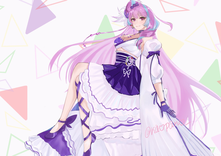 1girl blue_hair bow breasts cropped_shirt detached_sleeves feather_hair_ornament feathers floating_hair flower gloves hair_flower hair_ornament halter_shirt halterneck hand_on_own_chest heart high-waist_skirt high_heels highres kabu_(kaopako_) long_hair looking_at_viewer macross macross_delta medium_breasts mikumo_guynemer multicolored_hair purple_bow purple_eyes purple_flower purple_footwear purple_gloves purple_hair purple_nails single_glove sitting skirt smile solo streaked_hair twitter_username very_long_hair white_skirt