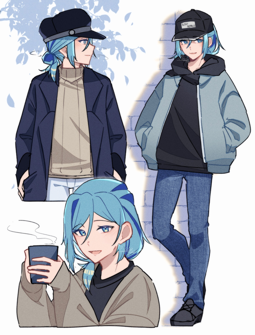 1boy :d alternate_costume aqua_hair baseball_cap black_headwear closed_mouth commentary_request cup grusha_(pokemon) hands_in_pockets hat highres holding holding_cup hood hood_down hoodie jacket long_sleeves male_focus mocacoffee_1001 multiple_views open_clothes open_jacket open_mouth pants pokemon pokemon_sv shoes signature sleeves_past_wrists smile steam sweater