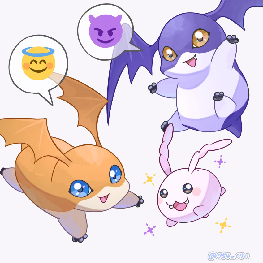 3others artist_name demon_emoji digimon digimon_(creature) emoji highres multiple_others nagoshi no_humans open_mouth patamon simple_background speech_bubble tokomon tsukaimon water white_background wings