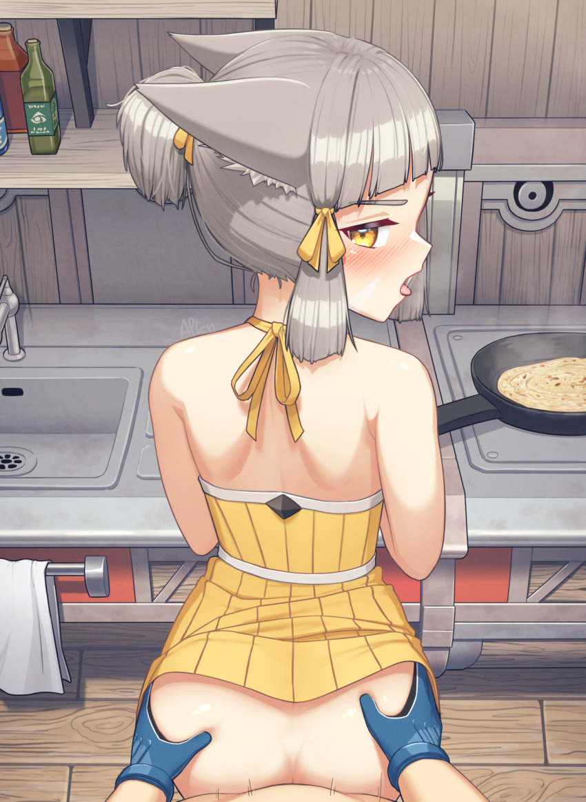 1boy 1girl alten alternate_costume alternate_hairstyle animal_ears aroused ass ass_grab blue_gloves blush cat_ears clothed_sex clothes_lift cooking dated_commentary dress dress_lift ears_back english_commentary facial_mark from_behind frying_pan gloves grey_hair hair_ribbon hetero highres kitchen looking_at_viewer looking_back nia_(xenoblade) no_panties open_mouth ponytail pov rex_(xenoblade) ribbon sex sex_from_behind short_hair short_ponytail sink solo_focus stove tongue tongue_out underwear variant_set whisker_markings xenoblade_chronicles_(series) xenoblade_chronicles_2 yellow_eyes