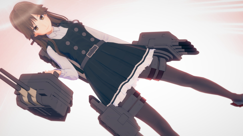 1girl arashio_(kancolle) belt brown_eyes brown_hair buttons highres holding holding_weapon kantai_collection koikatsu_(medium) long_hair long_sleeves looking_at_viewer machinery pantyhose pleated_skirt simple_background skirt spotlight sun_glare thigh_strap thighhighs user_ztxa5254 weapon
