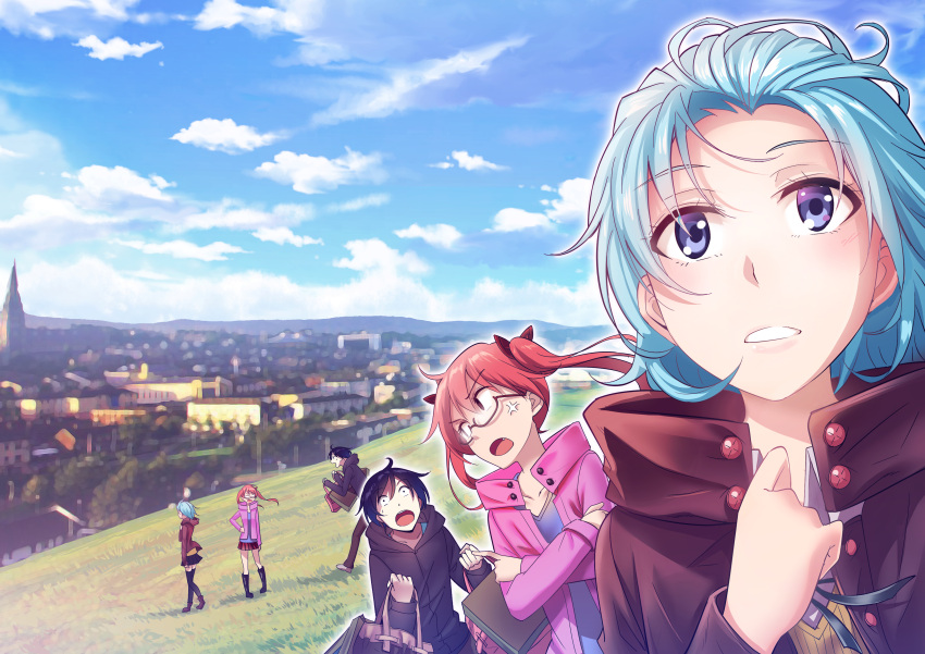 1boy 2girls :o absurdres bag black_eyes black_hair black_hoodie black_skirt black_thighhighs blue_eyes blue_hair blue_sky bow brown_jacket fei_luo_mao frederica_nikola_tesla full_body glasses grass hair_bow hand_on_own_hip highres holding holding_bag honkai_(series) honkai_impact_3rd hood hoodie jacket lieserl_albert_einstein long_hair long_sleeves multiple_girls open_clothes open_jacket open_mouth pink_jacket purple_shirt red_bow red_eyes red_hair red_skirt shirt skirt sky standing thighhighs twintails welt_joyce