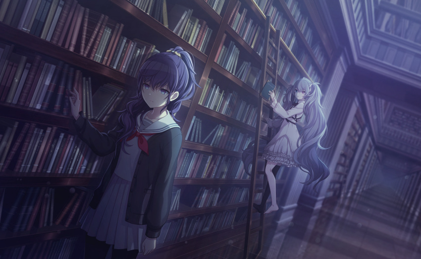 25-ji_miku 25-ji_nightcord_de._(project_sekai) 2girls aqua_eyes asahina_mafuyu black_cardigan black_pantyhose black_thighhighs book bookshelf cardigan chest_harness colorful_festival_(project_sekai) colorful_palette column dress frilled_sleeves frills grey_hair grey_serafuku grey_shirt grey_skirt hair_ribbon harness hatsune_miku highres holding holding_book indoors ladder library long_hair long_sleeves miyamasuzaka_girls'_academy_school_uniform multiple_girls neckerchief pantyhose pillar pink_eyes pleated_skirt project_sekai purple_eyes purple_hair red_neckerchief reflective_floor ribbon sailor_collar school_uniform serafuku shirt single_bare_leg single_thighhigh skirt thighhighs third-party_source tile_floor tiles twintails very_long_hair vocaloid white_dress white_ribbon white_sailor_collar