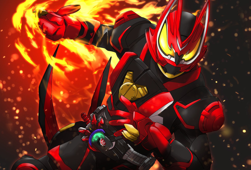 1boy armor black_armor black_bodysuit bodysuit boost_mark_ii_buckle commentary_request cowboy_shot desire_driver fighting_stance fire flame_print fox fox_boy fox_mask gloves glowing glowing_eyes green_fire highres hitodama incoming_attack kamen_rider kamen_rider_geats kamen_rider_geats_(series) kamen_rider_geats_boost_mark_ii kitsune male_focus mask miyabi_(037) mouth_guard orange_eyes power_armor raise_buckle raised_fist red_gloves shoulder_armor