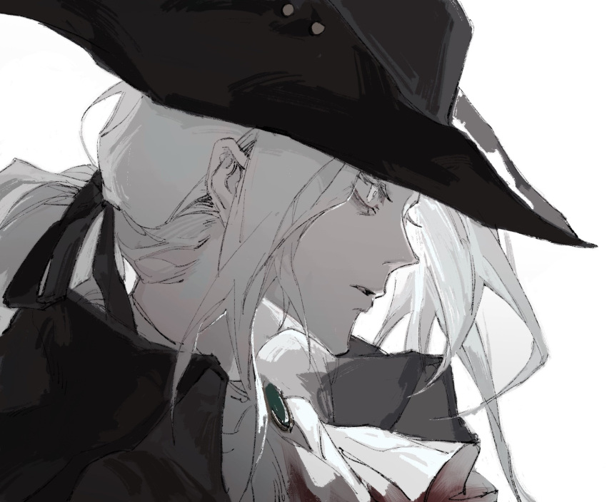 1girl bloodborne colored_skin hat highres jiao_chang lady_maria_of_the_astral_clocktower ponytail portrait solo tricorne white_background white_eyes white_hair white_skin