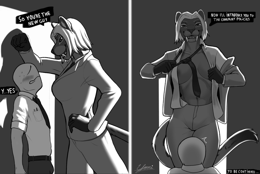 against_surface against_wall anthro bald breasts bulge clothed clothing comic dark_body dark_fur dominant dominant_female duo exposed_breasts fangs felid female fur hair hi_res human humanoid imminent_sex job_interview larger_female looking_at_another machairodontine male male/female mammal meme navel necktie nipples short_hair simple_background size_difference smaller_male speech_bubble suit teeth to_be_continued undressing vespera_(yonivi) white_hair yonivi