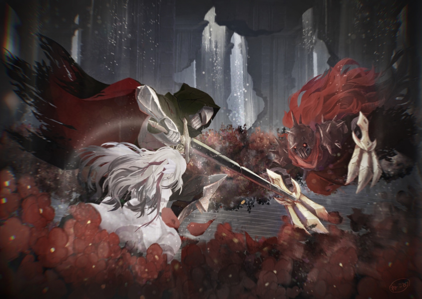 1girl 2boys armor battle black_cloak cloak commentary_request dress ender_lilies_quietus_of_the_knights flower full_armor highres holding holding_sword holding_weapon hood hooded_cloak light_particles lily_(ender_lilies) long_hair mizusuibo multiple_boys red_eyes red_flower red_hair ruins spiked_helmet spiked_pauldrons sword tendril ulv_the_mad_knight umbral_knight_(ender_lilies) weapon white_dress white_hair