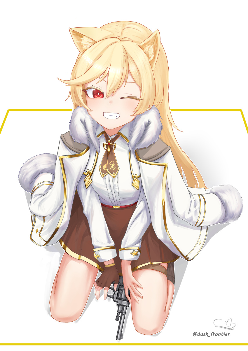 1girl :d absurdres animal_ears blonde_hair breasts brown_gloves brown_neckerchief brown_skirt brown_socks cat_ears coat fang fingerless_gloves fur-trimmed_collar fur-trimmed_sleeves fur_trim girls'_frontline gloves gun hair_between_eyes highres light_leave long_hair long_sleeves looking_at_viewer nagant_m1895 nagant_revolver_(girls'_frontline) neckerchief one_eye_closed open_mouth red_eyes revolver shirt shirt_tucked_in simple_background single_glove sitting skirt small_breasts smile socks solo thigh_strap twitter_username wariza weapon white_background white_coat white_shirt