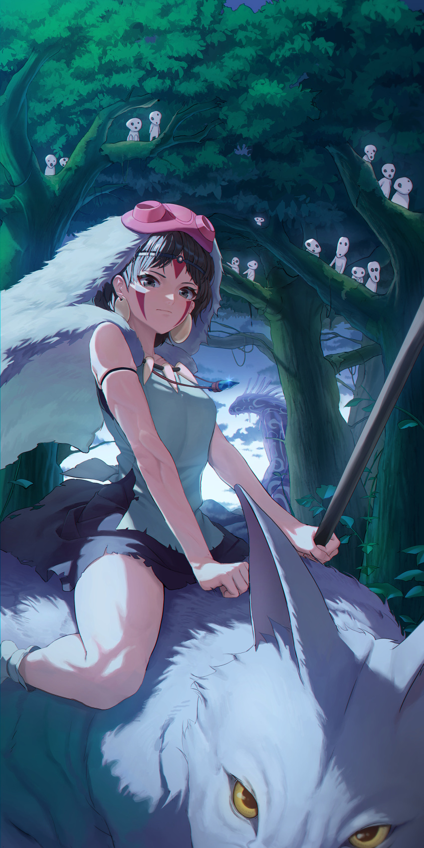 1girl absurdres animal animal_ear_fluff animal_ears bare_shoulders black_skirt blue_eyes blue_sky branch breasts brown_hair closed_mouth cloud cloudy_sky collarbone colored_sclera earrings facial_mark forehead_mark forest fur_trim gradient_sky guegue highres holding holding_weapon jewelry jigo_(mononoke_hime) leaf looking_at_viewer mask mask_on_head medium_breasts mononoke_hime moro_no_ichizoku nature necklace outdoors parted_bangs red_eyes red_mask san_(mononoke_hime) shirt short_hair sitting skirt sky sleeveless sleeveless_shirt socks sparkle spirit tree weapon white_fur white_shirt white_sky white_socks wolf wolf_ears yellow_sclera
