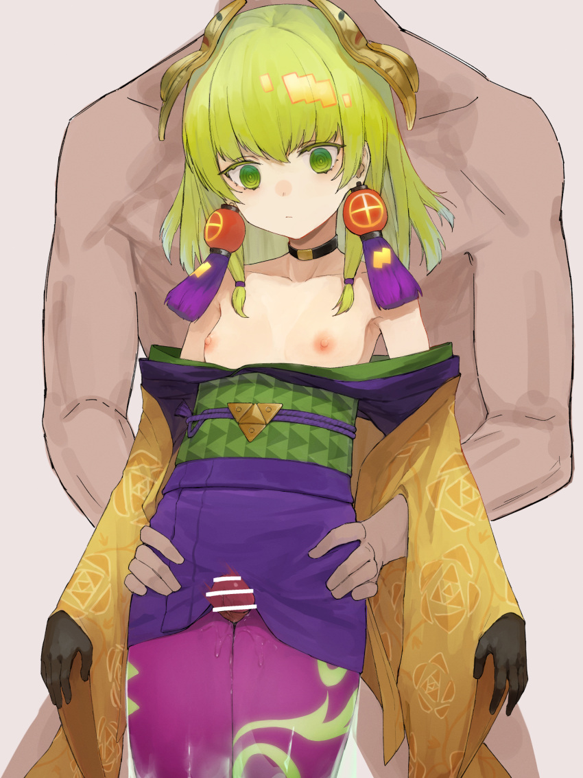 1boy 1other ambiguous_gender bar_censor black_collar breasts censored closed_mouth clothed_female_nude_male collar collarbone duel_monster feet_out_of_frame green_eyes green_hair grinding hand_on_another's_hip head_out_of_frame highres japanese_clothes kimono medium_hair noh-p.u.n.k._ze_amin nude open_clothes pantyhose penis purple_pantyhose small_breasts standing thigh_sex toima_(beat0829) upper_body very_long_sleeves yu-gi-oh!