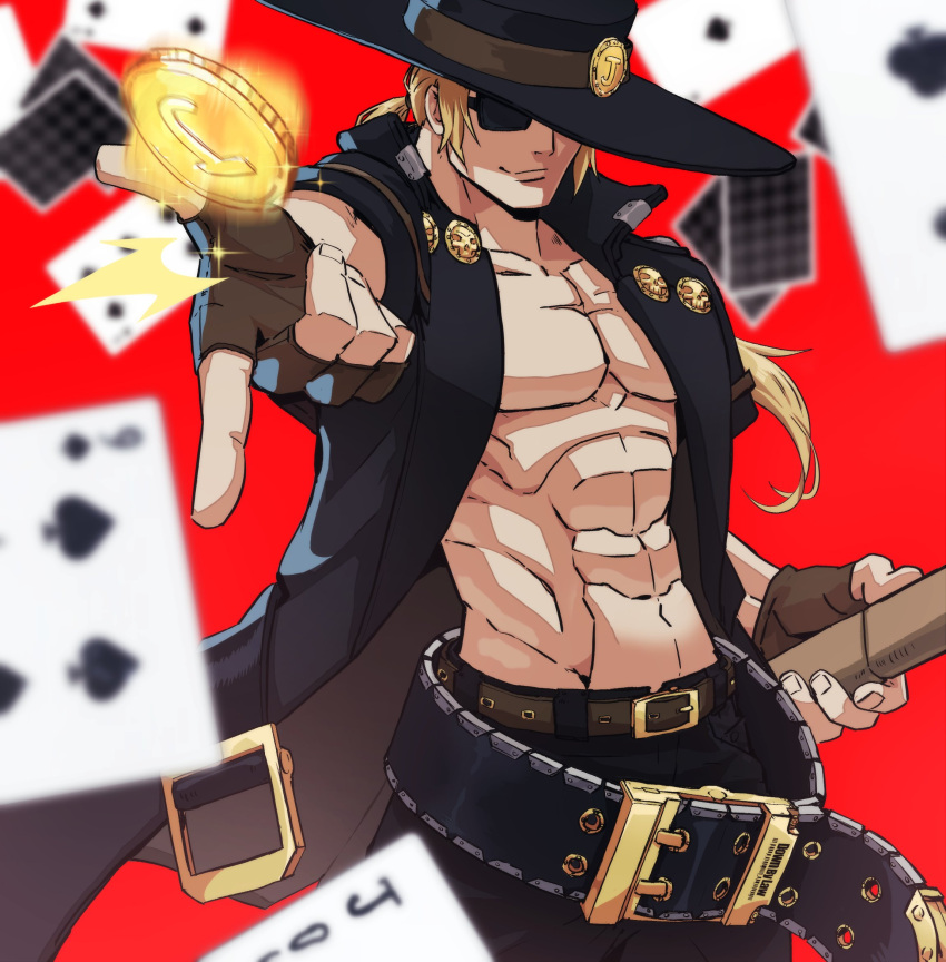 1boy abs belt blonde_hair coin feet_out_of_frame fighting_stance fingerless_gloves gloves gold_coin guilty_gear guilty_gear_strive hat highres incoming_attack johnny_(guilty_gear) large_belt light_smile long_hair male_focus muscular muscular_male navel outstretched_arm pectoral_cleavage pectorals playing_card_theme ready_to_draw solo sparkle sunglasses v-taper yakutzan