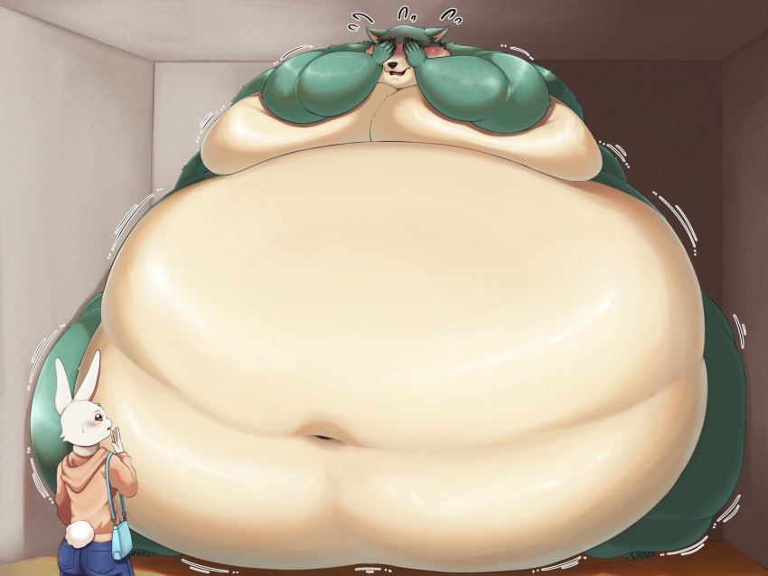2023 anthro beastars belly belly_overhang big_belly blush bodily_fluids canid canine canis chubby_cheeks claws covered_eyes duo embarrassed fat_rolls female front_view fur glistening grey_body grey_fur haru_(beastars) hi_res huge_moobs huge_thighs hyper hyper_belly inside lagomorph larger_male legoshi_(beastars) leporid looking_at_another looking_at_partner male male/female mammal moobs morbidly_obese morbidly_obese_anthro morbidly_obese_male motion_lines navel nude obese obese_anthro obese_male open_mouth overweight overweight_anthro overweight_male rabbit senakun0530 size_difference smaller_female standing sweat tan_body tan_fur thick_arms thick_thighs white_body white_fur wide_hips wolf