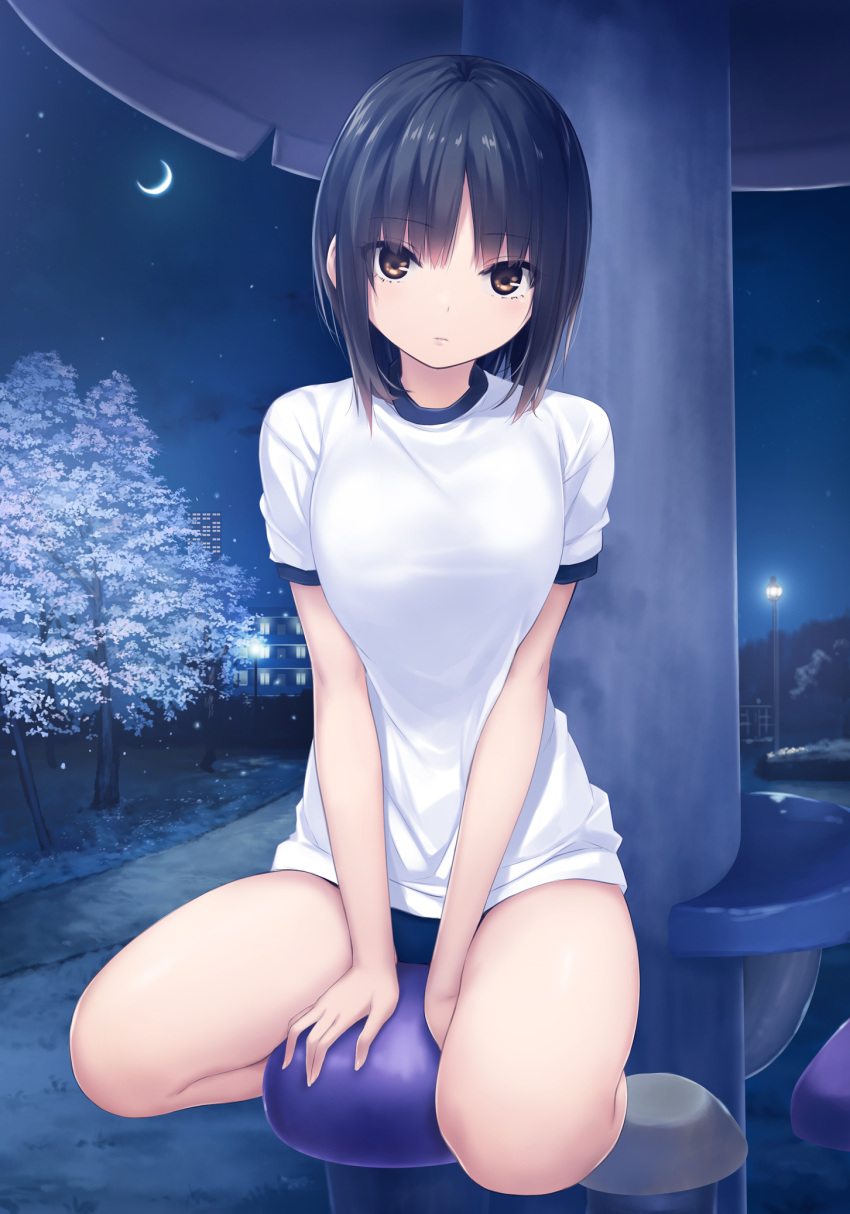 1girl aoyama_sumika black_hair breasts brown_eyes buruma closed_mouth coffee-kizoku crescent_moon full_body gym_uniform highres lips looking_at_viewer medium_breasts moon night night_sky original outdoors shiny_skin short_hair short_sleeves sitting sky solo star_(sky) star_(symbol) thighs tree