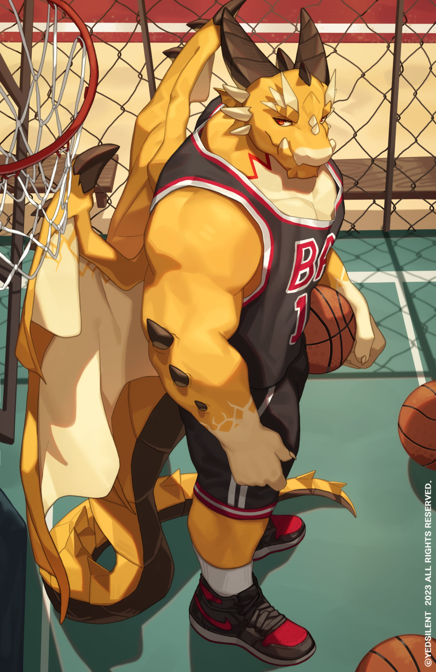 absurd_res anthro ball ballin basketball_(ball) basketball_court basketball_hoop basketball_uniform biceps bottomwear clothing dragon hi_res lifewonders male muscular muscular_anthro muscular_male ophion pecs shirt shorts solo sportswear tank_top tokyo_afterschool_summoners topwear uniform wings yed