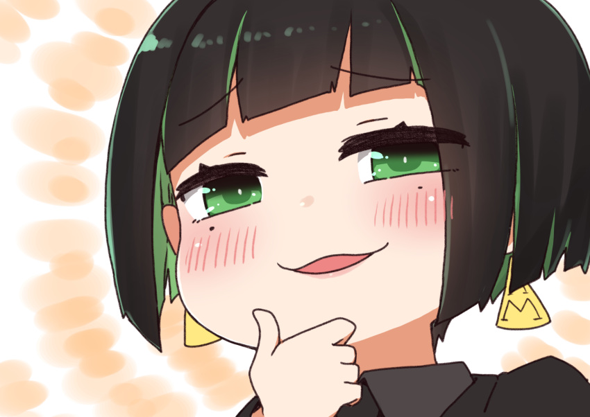 1girl allmind_(armored_core_6) armored_core armored_core_6 black_hair black_jacket blush chibi collared_shirt earrings green_eyes green_hair grey_shirt hand_up highres i.u.y jacket jewelry multicolored_hair parted_lips personification portrait shirt short_hair smirk solo two-tone_hair