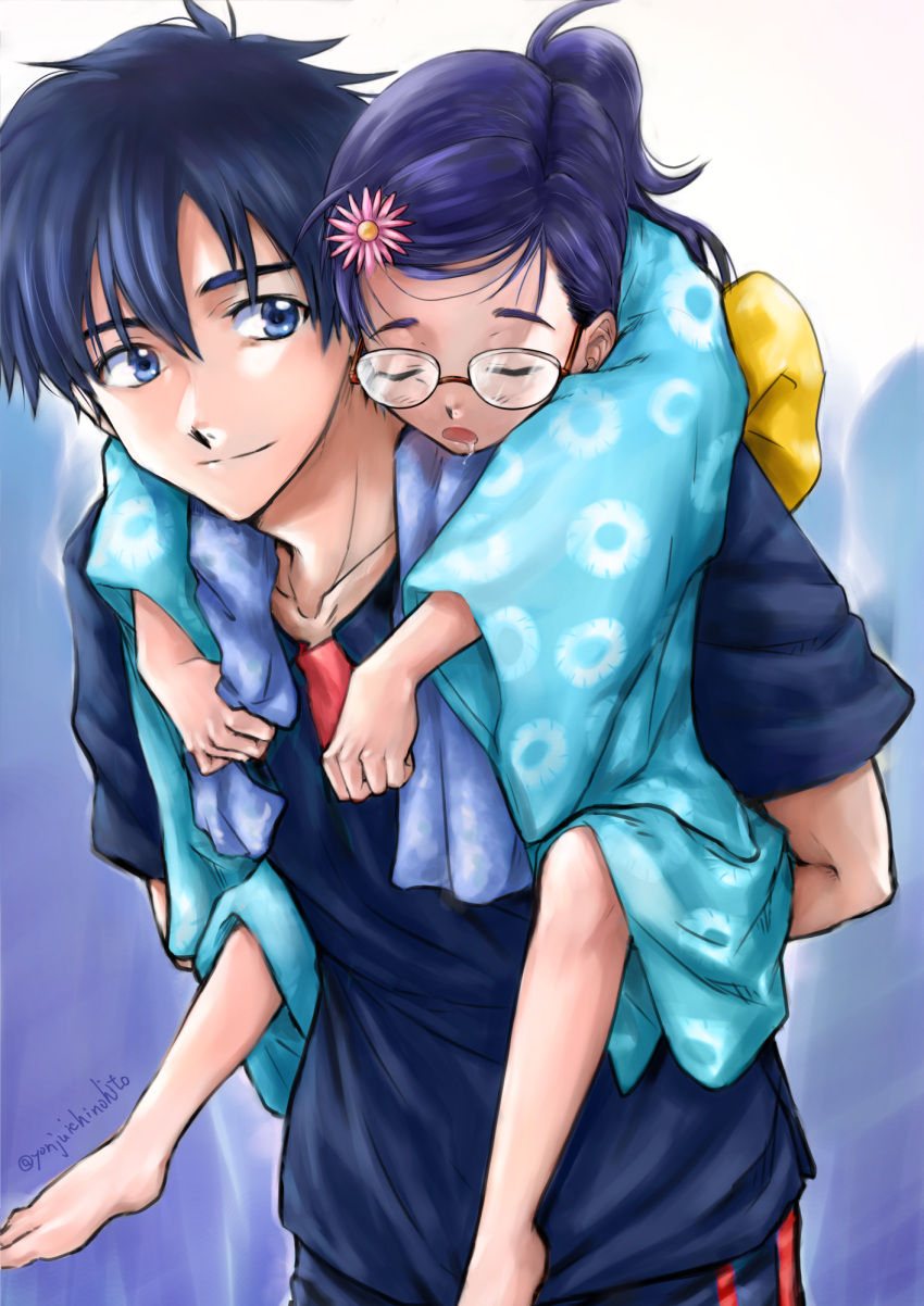 1boy 1girl ajiro_shinpei arms_behind_back barefoot black_hair black_shirt blue_eyes carrying child drooling flower glasses hair_flower hair_ornament highres japanese_clothes kimono long_sleeves piggyback shijuuichi shirt summertime_render twitter_username wide_sleeves