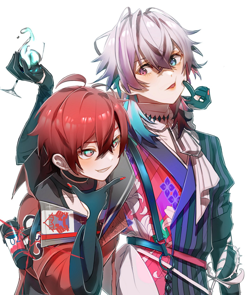 2boys ahoge amain_dudu asymmetrical_clothes black_choker black_gloves blue_eyes blue_hair blush cheek_poking choker commentary cropped_jacket cup drinking_glass eyeshadow floral_print gavis_bettel gloves grin hair_between_eyes heterochromia high_collar highres holding holding_cup holostars holostars_english jacket looking_at_another machina_x_flayon makeup medium_hair multicolored_hair multiple_boys pink_eyes pink_eyeshadow pink_hair poking red_eyes red_hair red_jacket scarf short_hair smile spilling standing streaked_hair striped symbol-only_commentary thinking upper_body vertical_stripes virtual_youtuber white_background white_scarf wine_glass