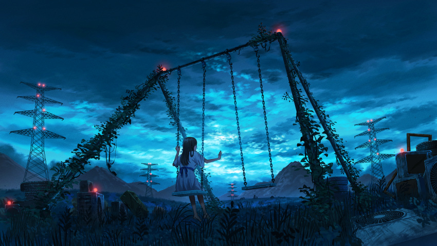 absurdres air_conditioner brown_hair cloud cloudy_sky dress evening field highres long_hair original outdoors overgrown plant scenery shuu_illust sitting sky swing swing_set transmission_tower vines white_dress