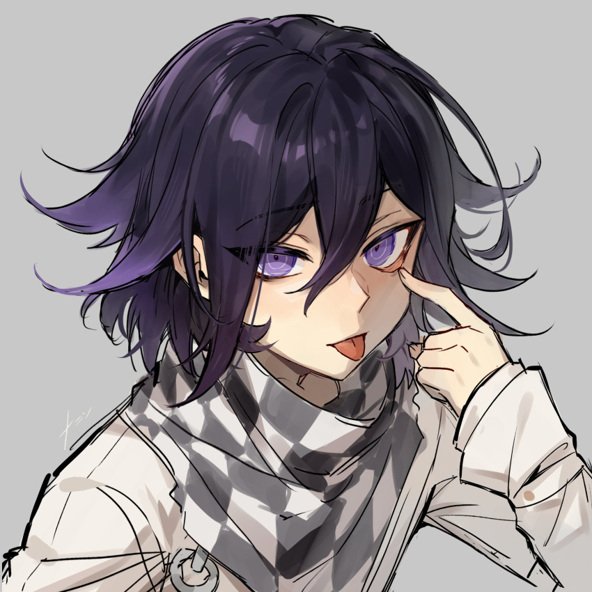 1boy akanbe black_hair checkered_clothes checkered_scarf danganronpa_(series) danganronpa_v3:_killing_harmony flipped_hair grey_background grey_jacket hair_between_eyes hand_up highres jacket long_sleeves male_focus medium_hair multicolored_hair nanin oma_kokichi portrait purple_eyes purple_hair scarf simple_background solo tongue tongue_out two-tone_hair