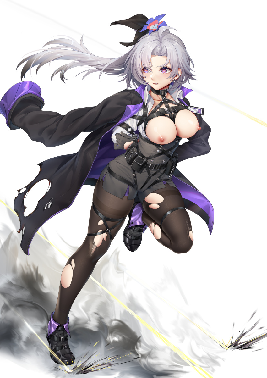 1girl absurdres ahoge apc9k_(girls'_frontline) bdsm black_pantyhose bondage bound breasts breasts_out cleavage commission flower full_body gag girls'_frontline grey_hair hair_flower hair_ornament harness highres jacket jacket_on_shoulders long_hair nipples pantyhose ray_(pixiv9514208) restrained running second-party_source smoke solo thighband_pantyhose torn_clothes torn_jacket torn_pantyhose