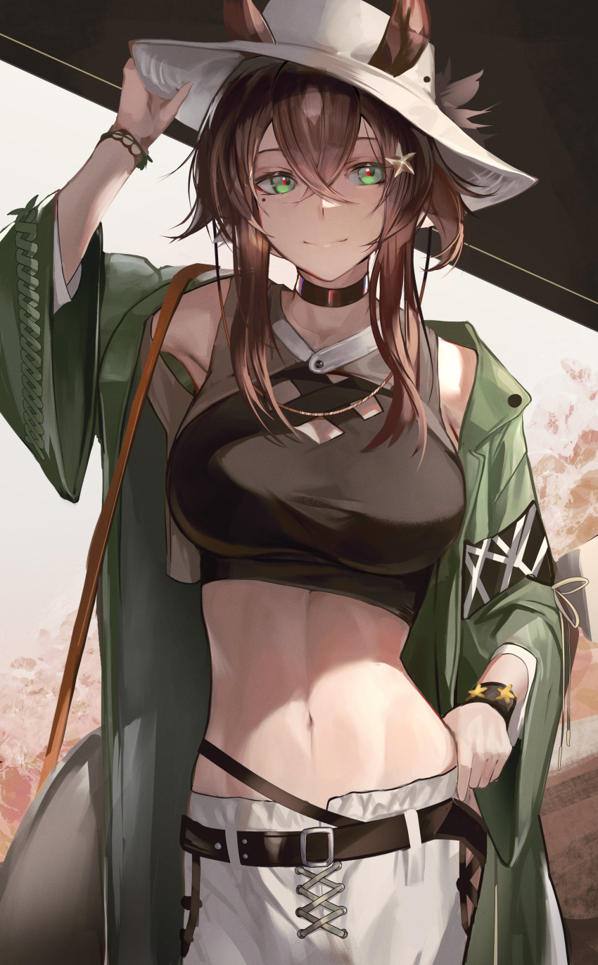 1girl absurdres animal_ears arknights black_choker black_shirt brown_hair choker closed_mouth coat crop_top ears_through_headwear fedora green_coat green_eyes hat highres hiyaori_(hiyahiyaval) horse_ears horse_girl looking_at_viewer medium_hair meteor_(arknights) meteor_(bard's_holiday)_(arknights) midriff mole mole_under_eye navel official_alternate_costume open_clothes open_coat pants shirt smile solo white_headwear white_pants