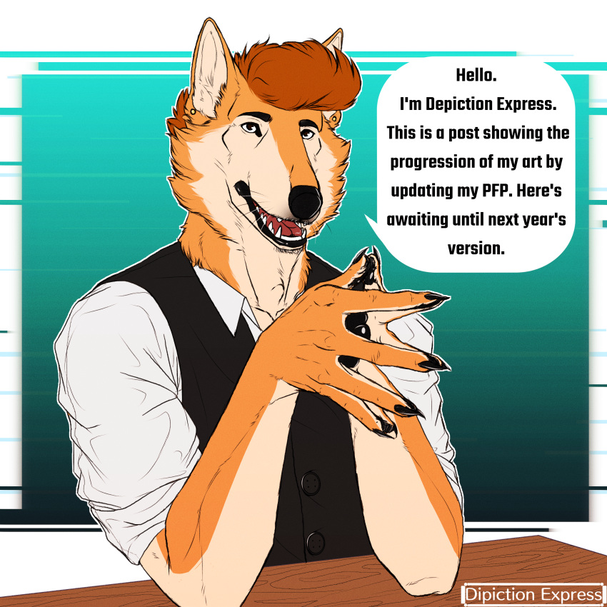 1:1 5_fingers absurd_res anthro black_pawpads canid canine canis claws clothing conductor_ramirez_(depictionexpress) depictionexpress dialogue domestic_dog dress_shirt ear_piercing english_text fingers fur furniture gold_(metal) gold_jewelry gradient green_background greeting hi_res husky jewelry looking_at_viewer male mammal maned_wolf multicolored_body multicolored_fur nordic_sled_dog orange_body orange_fur pawpads paws piercing portrait shirt simple_background solo speech_bubble spitz suit table talking_to_viewer tan_body tan_fur text topwear vest