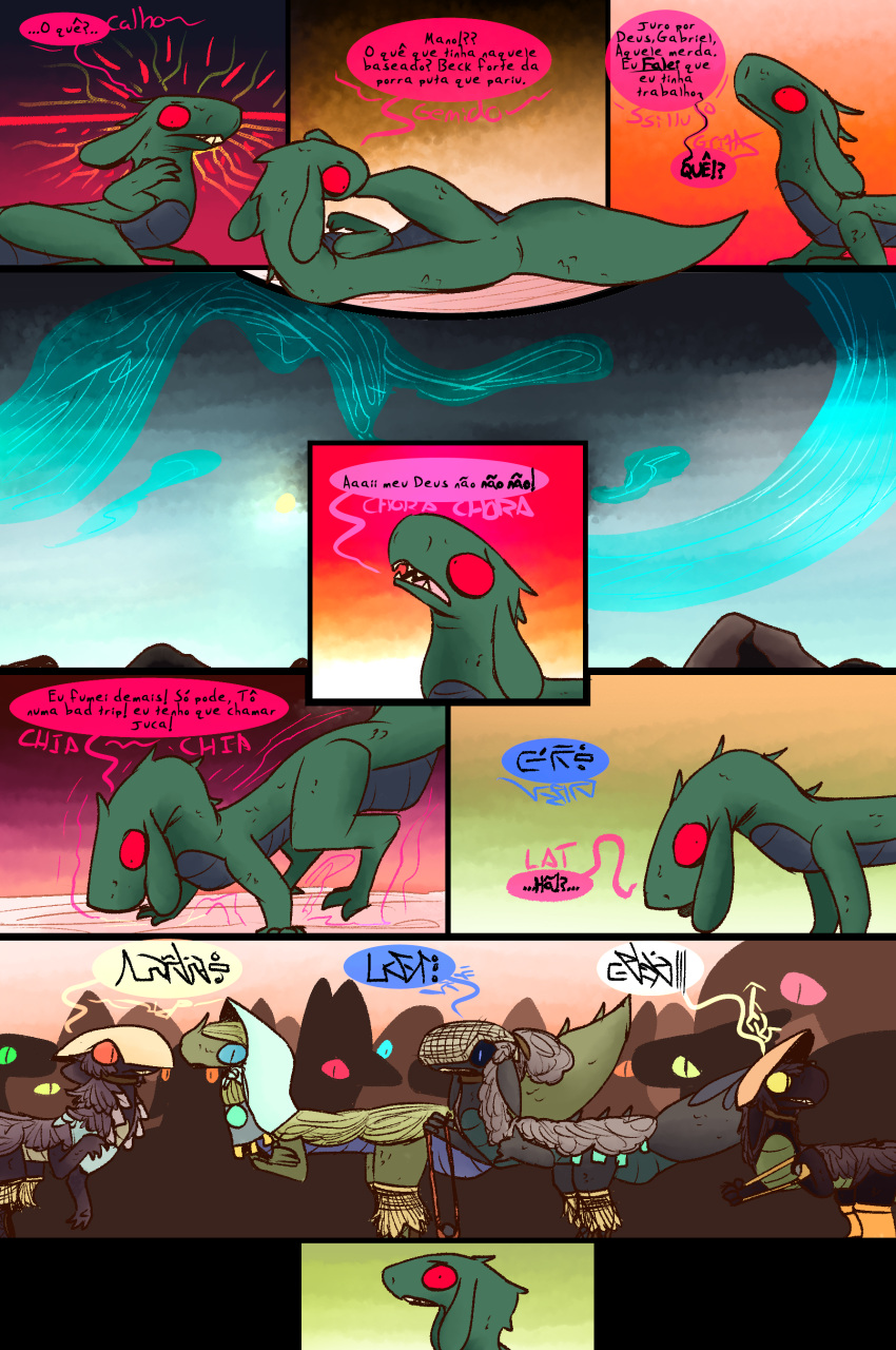 absurd_res ambiguous_gender awakening comic constructed_language desert dialogue dinosaur dragon dragonscape drekir dromaeosaurid fantasy feral fictional_language garat_(thepatchedragon) golomya_(thepatchedragon) group hi_res kern_(thepatchedragon) portuguese_text post-apocalyptic reptile scalie sling_(weapon) text thepatchedragon theropod transformation ura_(thepatchedragon)