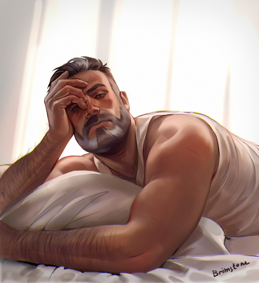 1boy alternate_costume arm_hair backlighting bara beard brimstone_(valorant) brown_hair curtains elbow_rest expressionless facial_hair hair_slicked_back hand_on_own_face highres looking_at_viewer lying male_focus mature_male muscular muscular_male mustache old old_man on_bed on_stomach sasha_shkret short_hair solo tank_top thick_eyebrows two-tone_beard upper_body valorant white_tank_top wrinkled_skin