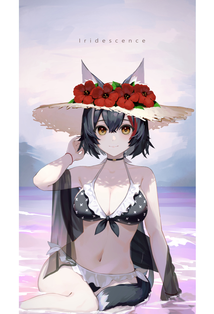 1girl absurdres animal_ears bikini black_bikini black_hair breasts brown_eyes cine_(wazd0183) commentary flower front-tie_bikini_top front-tie_top hat hat_flower hibiscus highres hololive large_breasts looking_at_viewer multicolored_hair navel ookami_mio outdoors red_hair sash see-through short_hair side-tie_bikini_bottom sitting smile solo straw_hat streaked_hair swimsuit tail tail_around_own_leg virtual_youtuber wading water wolf_ears wolf_girl wolf_tail yokozuwari