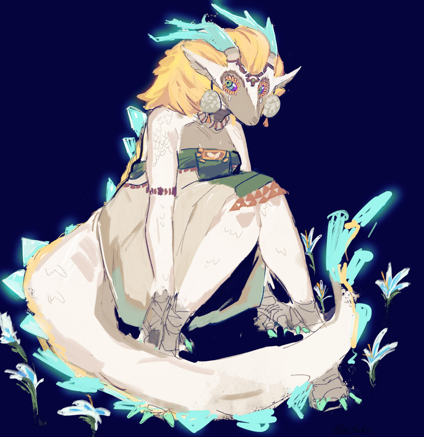 absurd_res anthro anthrofied antlers bandeau blonde_hair bodily_fluids bottomwear clothed clothing dragon ear_piercing eastern_dragon female flower hair hi_res horn light_dragon_(totk) loincloth nihaku nintendo partially_clothed piercing plant sitting skimpy solo spiked_tail spikes spikes_(anatomy) tail tears tears_of_the_kingdom the_legend_of_zelda topwear