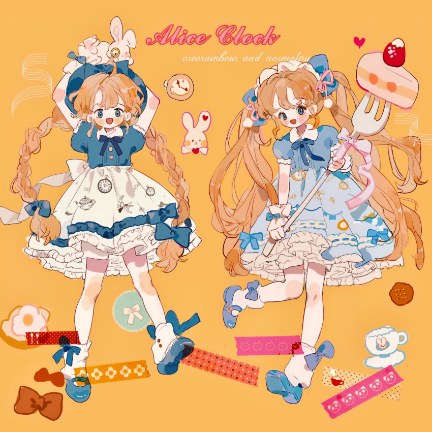 2girls ahoge alice_in_wonderland animal_on_head ankle_socks arms_up back_bow belt_buckle blonde_hair bloomers blue_bow blue_bowtie blue_eyes blue_footwear blue_headwear blue_shirt blue_skirt blush_stickers bow bow_legwear bow_skirt bowtie braid brown_bow buckle buttons cake cake_slice chinese_commentary clock_print collar collared_shirt commentary_request cookie eyelashes eyeshadow food fork fried_egg frilled_hairband frilled_skirt frilled_sleeves frills fruit full_body hair_bow hair_ornament hair_ribbon hairband hands_on_animal hat heart highres holding holding_fork icing lolita_fashion lolita_hairband long_hair looking_at_viewer low_twin_braids makeup mary_janes miniskirt monocle multiple_girls on_head open_mouth original oversized_object petticoat pink_bow pink_ribbon pom_pom_(clothes) pom_pom_hair_ornament puffy_short_sleeves puffy_sleeves putong_xiao_gou rabbit rabbit_on_head red_bow ribbon ribbon-trimmed_skirt ribbon_trim round_eyewear shirt shoes short_sleeves skirt smile socks strawberry toast twin_braids twintails very_long_hair white_bloomers white_bow white_collar white_hairband white_skirt white_socks white_wrist_cuffs wrist_bow yellow-framed_eyewear yellow_background