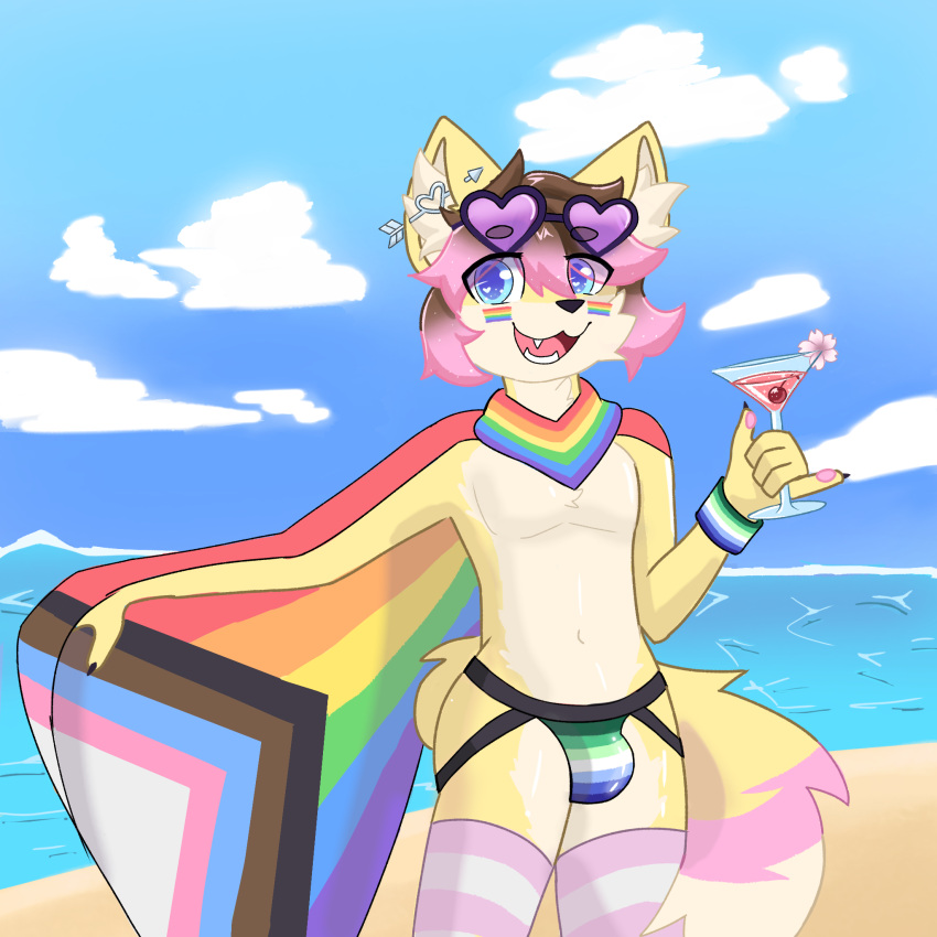 2023 anthro beach beverage blue_eyes brown_hair bulge canid canine clothed clothing digital_media_(artwork) ear_piercing eyewear eyewear_on_head fox fur girly hair hi_res jockstrap legwear lgbt_pride looking_at_viewer male male/male mammal open_mouth partially_clothed piercing pink_hair pride_colors rainbow_pride_colors sea seaside shaded six-stripe_rainbow_pride_colors smile solo stated_homosexuality stated_sexuality sunglasses sunglasses_on_head swimwear tail tights underwear vincian_pride_colors water