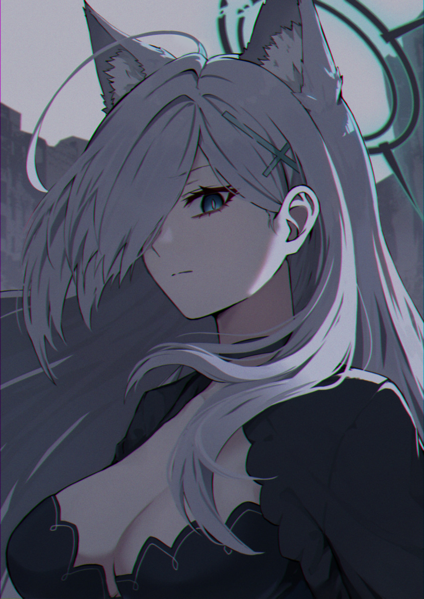 1girl animal_ear_fluff animal_ears black_choker black_dress blue_archive blue_eyes breasts choker cleavage closed_mouth cross_hair_ornament dark_halo dress extra_ears grey_hair hair_ornament hair_over_one_eye halo highres large_breasts long_hair portrait saco_(cgmore) shiroko_(blue_archive) shiroko_terror_(blue_archive) solo wolf_ears