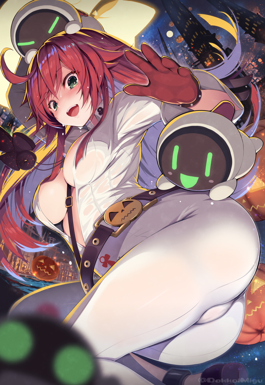 1girl :d ahoge belt black_belt bodysuit breasts broken_halo building center_opening city commentary gloves green_eyes guilty_gear guilty_gear_strive halo highres jack-o'_valentine knight_servant lancer_servant long_hair looking_at_viewer magician_servant medium_breasts migumigu red_gloves red_hair smile teeth upper_teeth_only white_bodysuit
