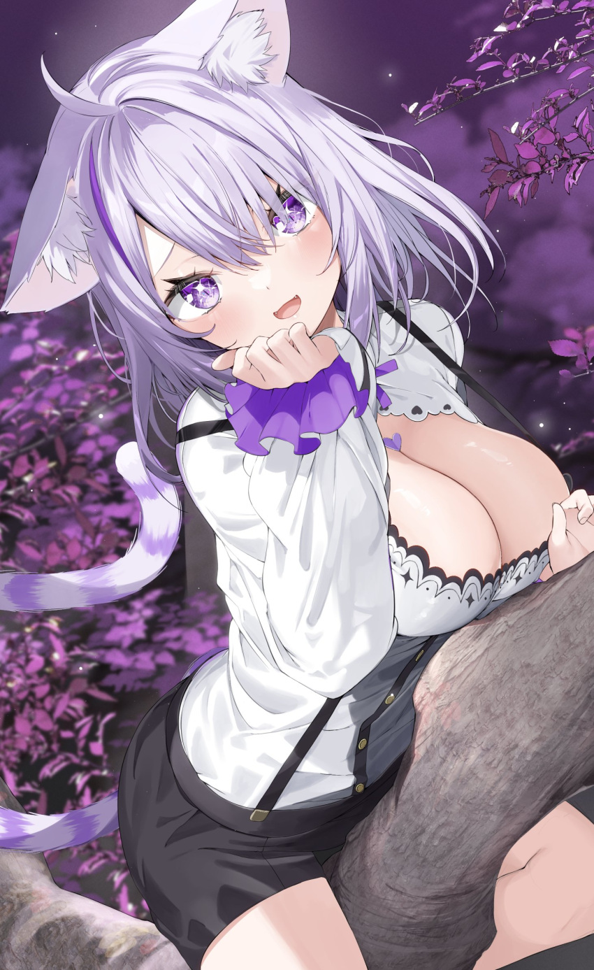 1girl :d ahoge animal_ear_fluff animal_ears black_shorts blurry blurry_background breasts cat_ears cat_girl cat_tail commentary_request depth_of_field grey_hair hair_over_one_eye hand_up heart_on_chest highres hololive in_tree kamioka_shun'ya large_breasts long_hair long_sleeves looking_at_viewer multicolored_hair nekomata_okayu nekomata_okayu_(6th_costume) puffy_long_sleeves puffy_sleeves purple_eyes purple_hair shirt short_shorts shorts sleeves_past_wrists smile solo streaked_hair striped_tail suspender_shorts suspenders tail tree virtual_youtuber white_shirt