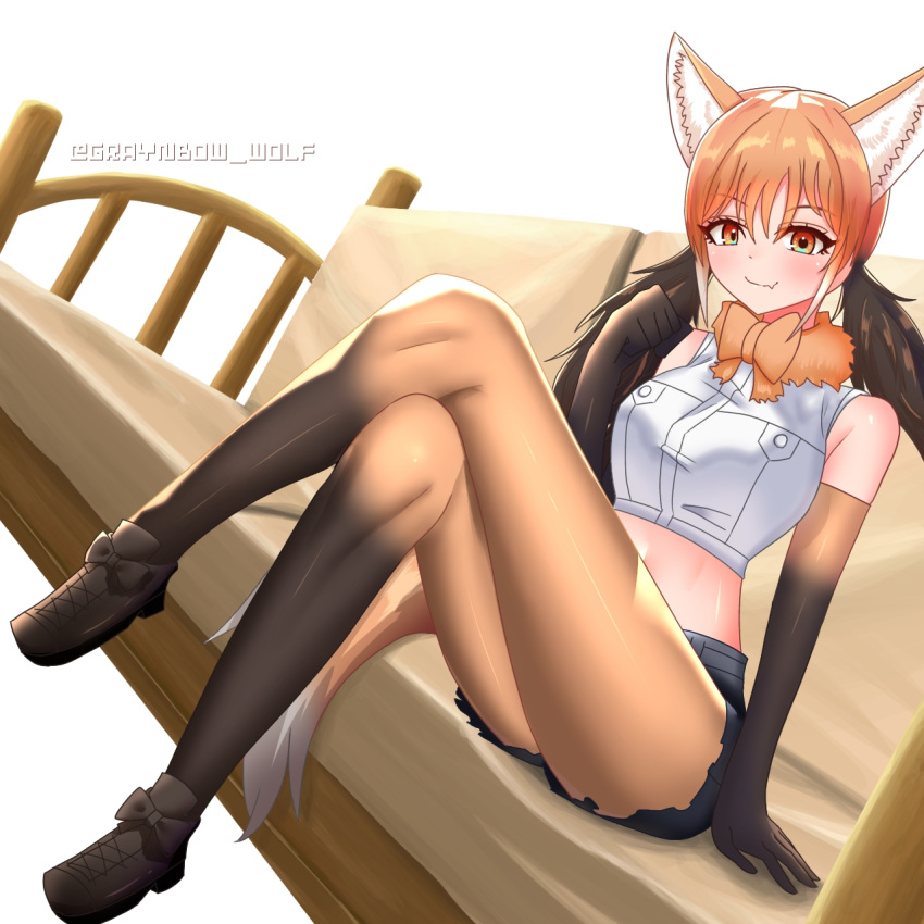 1girl animal_ear_fluff animal_ears black_shorts bow bowtie brown_footwear brown_hair closed_mouth couch cropped_shirt crossed_legs cutoffs dutch_angle elbow_gloves fang fang_out footwear_bow full_body fur_collar gloves hand_rest hand_up highres kemono_friends knees_up legs long_hair long_legs looking_at_viewer maned_wolf_(kemono_friends) midriff multicolored_clothes multicolored_gloves multicolored_hair multicolored_pantyhose nijiiro_(graynbow_wolf) on_couch orange_bow orange_bowtie orange_eyes orange_hair pantyhose shirt shoes short_shorts shorts simple_background sitting skin_fang sleeveless sleeveless_shirt smile solo stomach tail twintails twitter_username white_background white_hair wolf_ears wolf_girl wolf_tail