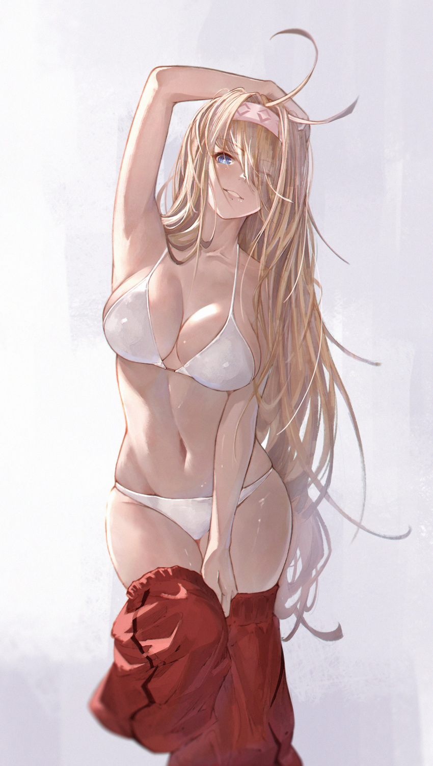 1girl absurdres arm_up armpits blonde_hair blue_eyes bra breasts cleavage clothes_pull commentary covered_nipples granblue_fantasy hair_over_one_eye hairband highres jeanne_d'arc_(granblue_fantasy) large_breasts long_hair looking_at_viewer messy_hair navel official_alternate_costume pants pants_pull parted_lips red_pants simple_background sleepwear smile solo standing standing_on_one_leg underwear white_bra white_hairband yu_pian