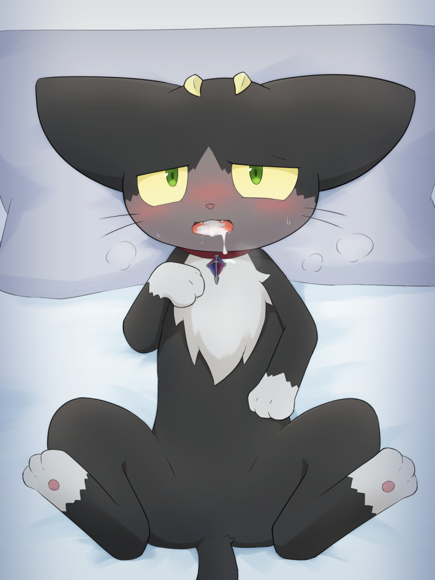 ambiguous_gender bed_sheet bedding black_body black_fur blue_exorcist blush bodily_fluids collar domestic_cat felid feline felis feral fur green_eyes hi_res kuro_(blue_exorcist) looking_at_viewer male mammal paws saliva semen_in_mouth solo spread_legs spreading tail teeth unknown_artist yellow_eyes