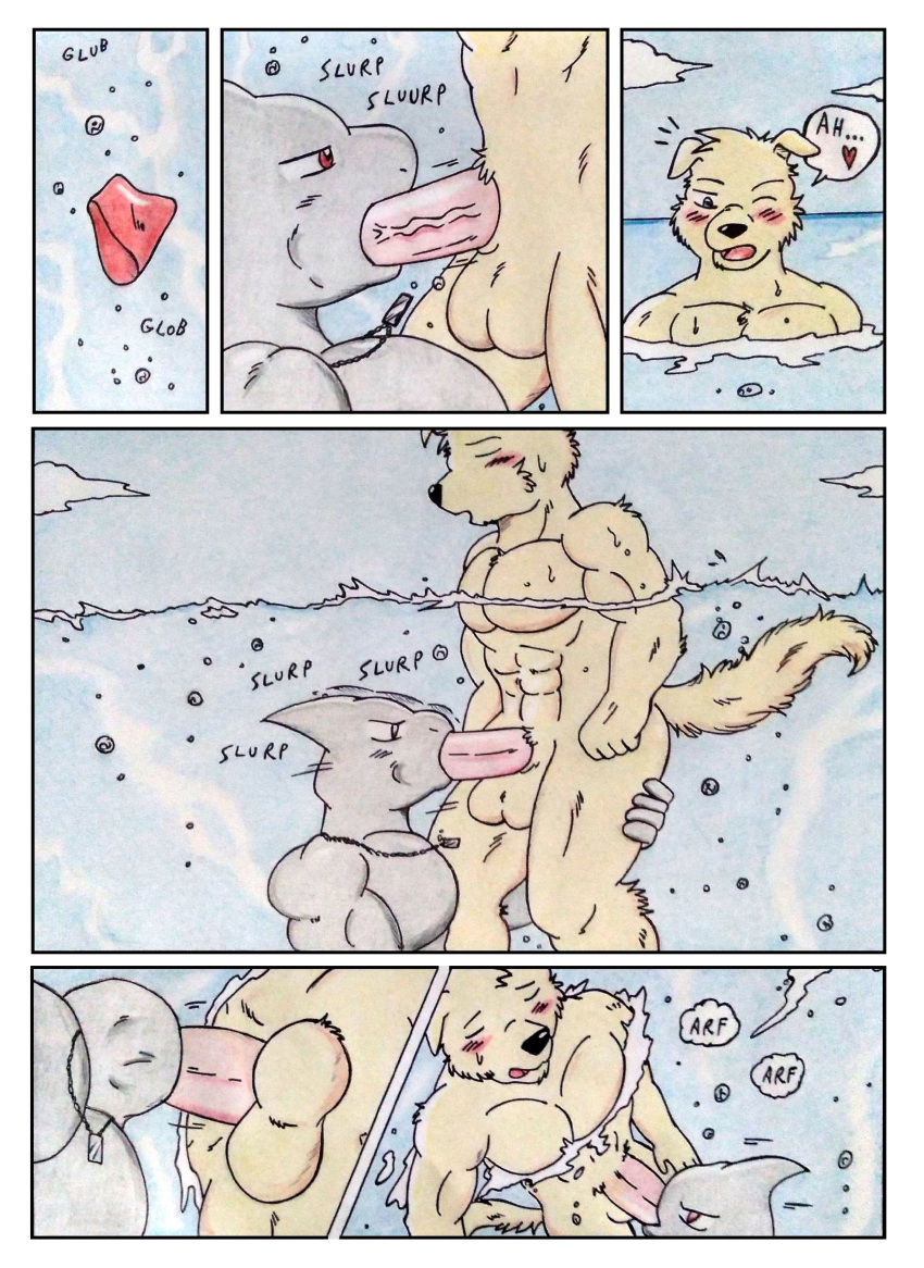 abs absurd_res anthro balls barazoku biceps blue_eyes blush blush_lines bubble canid canine canis clothing comic comic_panel dashthefox dog_tags domestic_dog dominant dominant_anthro dominant_male duo fellatio fish fluffy fluffy_tail genitals hi_res looking_pleasured male male/male mammal manly marine muscular obliques onomatopoeia oral pecs penile penis pink_penis red_eyes sea sex shark sound_effects swimwear tail text traditional_media_(artwork) underview underwater underwater_sex underwater_view underwear water