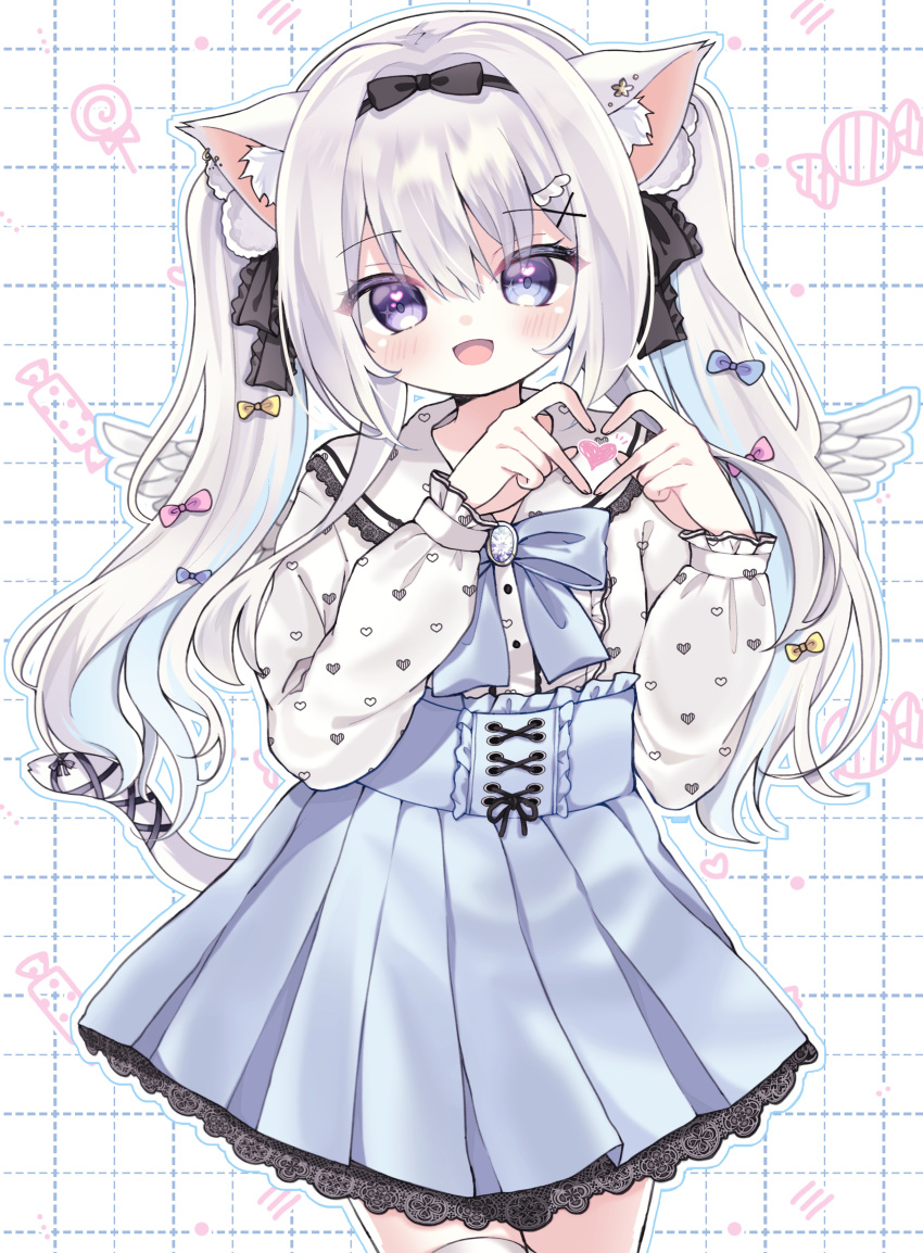 1girl :d absurdres animal_ear_fluff animal_ears black_bow blue_bow blue_eyes blue_skirt bow center_frills collared_shirt commentary_request dotted_line dress_shirt frills grey_hair hair_bow hair_intakes hands_up heart heart_hands heart_in_eye heart_print heterochromia highres indie_virtual_youtuber long_hair long_sleeves looking_at_viewer ni_kiro pink_bow pleated_skirt print_shirt puffy_long_sleeves puffy_sleeves purple_eyes shirt skirt smile solo sorashi_purumu symbol_in_eye thighhighs twintails very_long_hair virtual_youtuber white_background white_shirt white_thighhighs yellow_bow