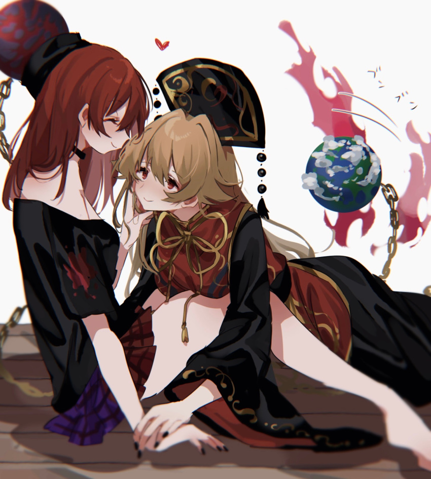 ayahi_4 black_nails black_shirt blonde_hair blush bow breasts chain chinese_clothes closed_eyes commentary crescent earth_(ornament) gold_chain hand_on_another's_face hand_on_another's_hand heart hecatia_lapislazuli highres junko_(touhou) long_hair looking_at_another medium_breasts medium_hair off-shoulder_shirt off_shoulder phoenix_crown plaid plaid_skirt polos_crown pom_pom_(clothes) red_eyes red_hair shirt sidelocks sitting skirt smile t-shirt tabard tassel touhou underworld_(ornament) yellow_bow yuri