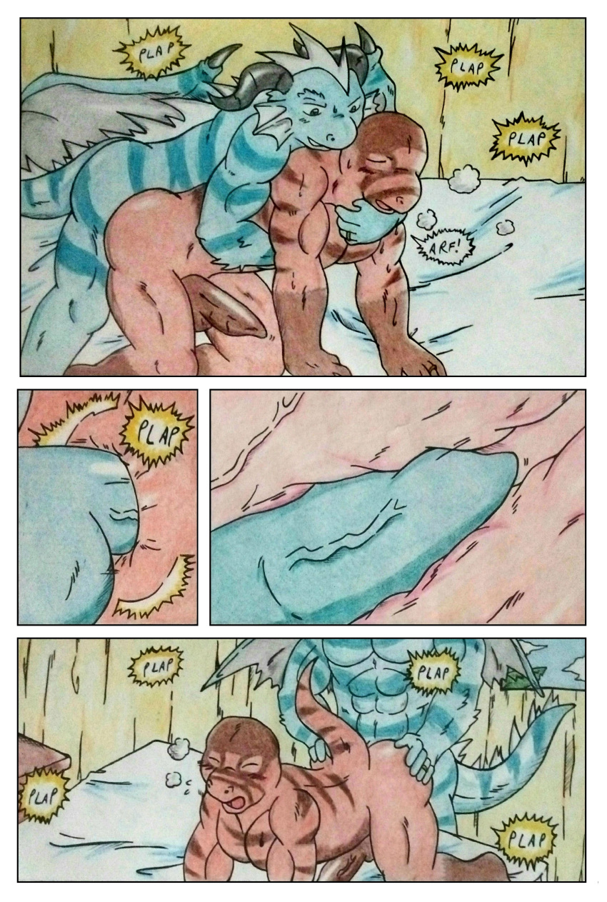 5_fingers abs absurd_res anal anal_penetration anthro back_muscles balls beach_house bed biceps bodily_fluids breath breathing brown_body brown_penis brown_stripes comic comic_panel dashthefox digit_ring dominant dominant_anthro dominant_male dragon duo embrace eyes_closed fingers from_behind_position furniture genitals green_tail hand_on_bed hi_res horn inside internal jewelry komodo_dragon leg_muscles lizard male male/male manly monitor_lizard muscular muscular_anthro muscular_male nude nude_anthro nude_male obliques onomatopoeia panting pecs penetration penis reptile ring ring_(jewelry) scalie sex sound_effects striped_body striped_skin stripes sweat sweatdrop tail teal_body teal_eyes teal_penis teal_scales text traditional_media_(artwork) vein veiny_penis wedding_ring western_dragon wings