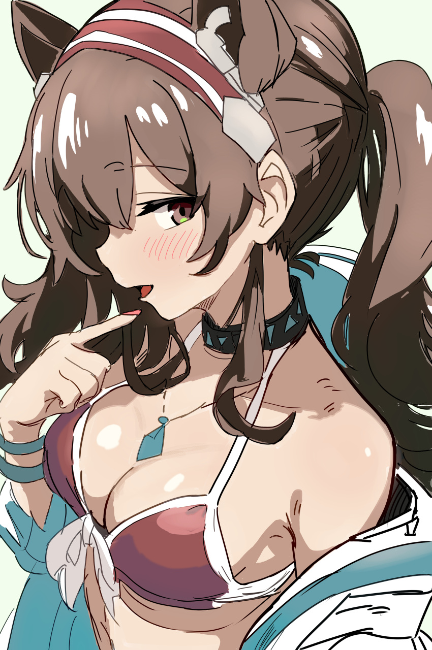 1girl absurdres alternate_costume angelina_(arknights) animal_ears arknights bikini blue_jacket blush breasts brown_eyes brown_hair cleavage commentary earpiece fox_ears from_side green_background hairband highres infection_monitor_(arknights) iwano_kenta jacket jewelry long_hair looking_at_viewer medium_breasts nail_polish necklace open_clothes open_jacket open_mouth pointing pointing_at_self profile red_bikini red_hairband red_nails simple_background smile solo swimsuit twintails two-sided_fabric two-sided_jacket upper_body white_jacket wristband