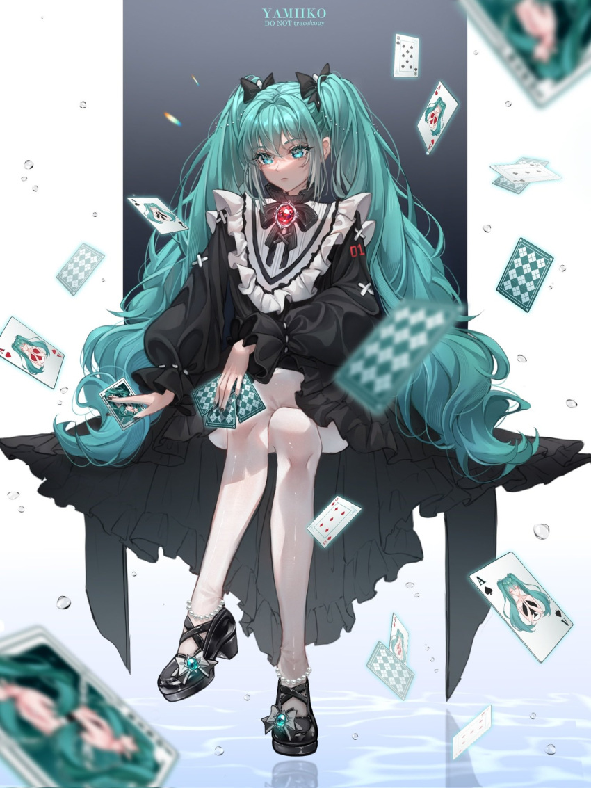 1girl :&lt; alternate_costume anklet aqua_hair black_bow black_dress black_footwear bow bowtie brooch card crossed_legs dress frilled_dress frilled_sleeves frills hair_bow hair_intakes hatsune_miku high_heels highres holding holding_card jewelry long_hair long_sleeves looking_at_viewer nail_polish puffy_long_sleeves puffy_sleeves pumps solo twintails very_long_hair vocaloid yamiiko