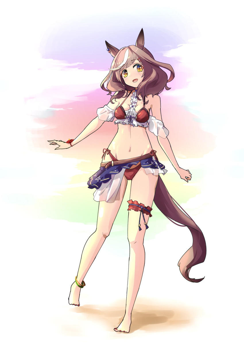 1girl alternate_costume animal_ears bare_shoulders barefoot between_breasts blush breasts brown_hair cleavage commentary_request full_body hair_ornament hairclip highres horse_ears horse_girl horse_tail kyabetsuman looking_at_viewer matikane_tannhauser_(umamusume) medium_breasts multicolored_hair navel open_mouth simple_background solo standing streaked_hair swimsuit tail umamusume white_background white_hair yellow_eyes