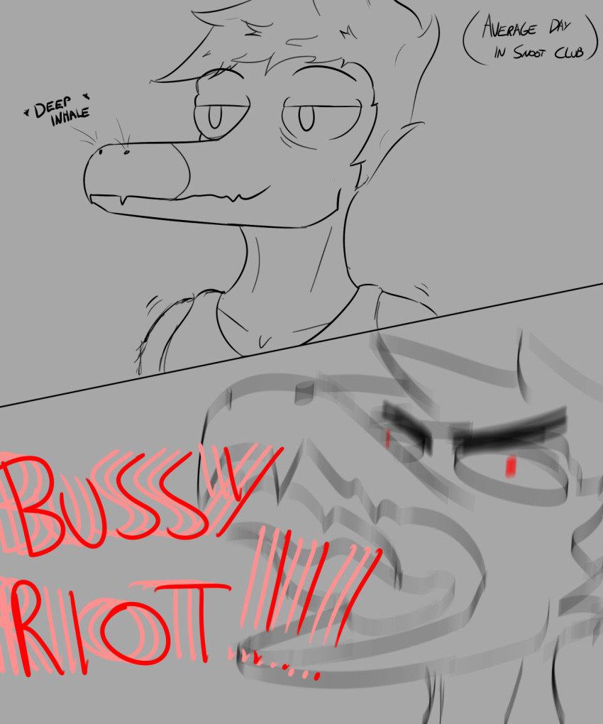 2023 5:6 anthro black_and_white clothing dialogue dinosaur dromaeosaurid english_text goodbye_volcano_high hair hi_res inhale male meme monochrome nicklusious open_mouth reed_(gvh) reptile scalie shirt short_hair smile snoot_game snout solo tank_top text theropod tongue topwear velociraptor